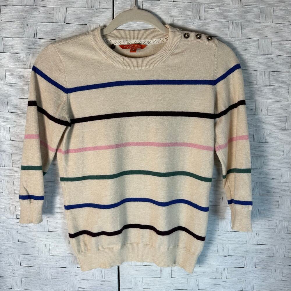 MODCLOTH Womens striped sweater crewneck colorful cream preppy soft feminine‎